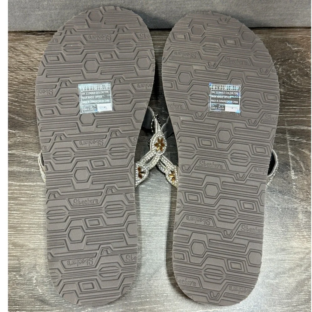 Skechers Cali Yoga Foam Taupe Rhinestone Floral Flip Flop Sandals Womens Size 8 - Picture 8 of 8